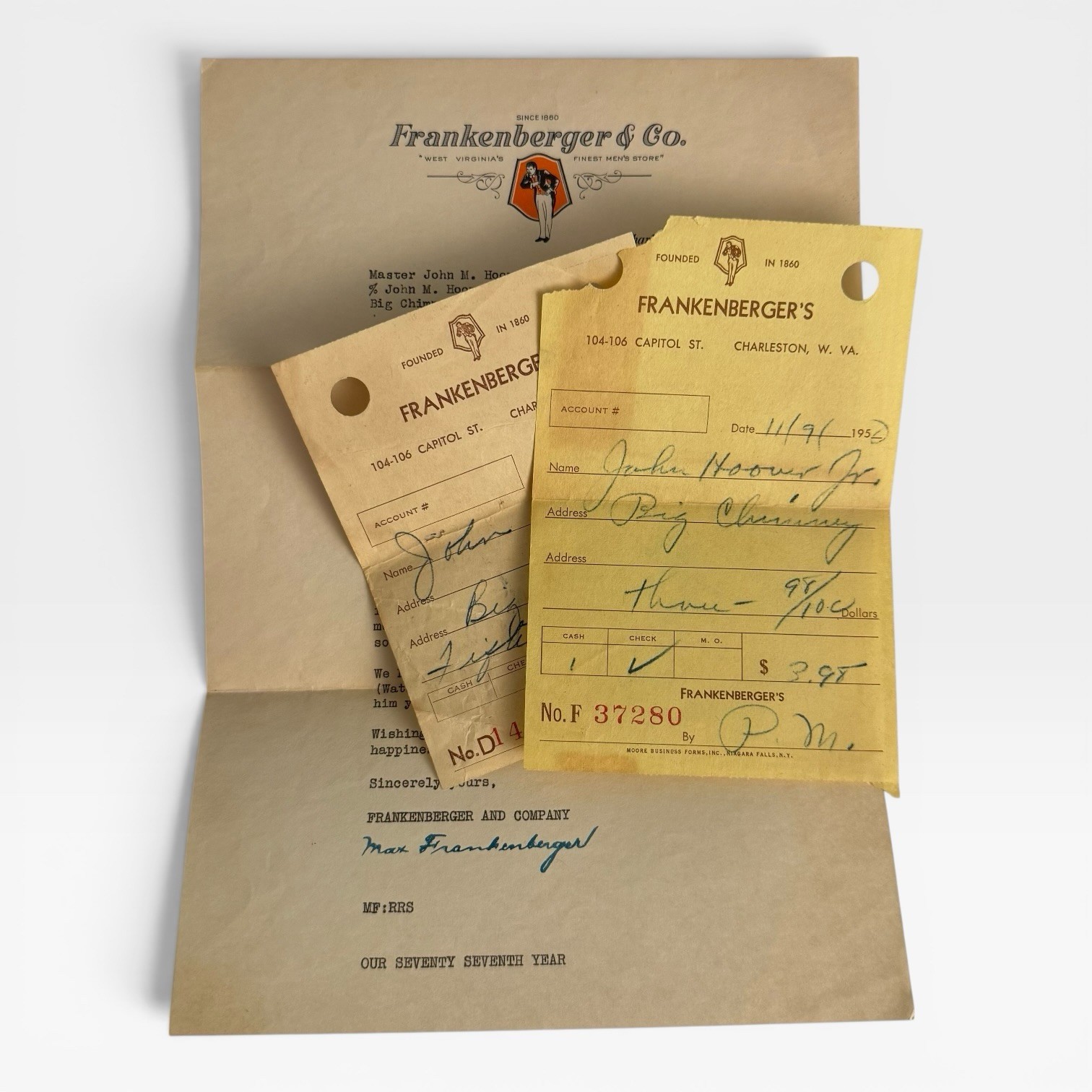 Frankenberger's W. Virginia MEN'S STORE Vintage 30s-50s Business LETTER Receipts Frankenberger's W. Virginia MEN'S STORE Vintage 30s-50s Business LETTER Receipts