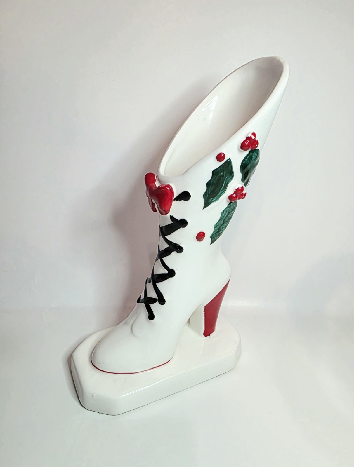 Vintage 7" Napco Ceramic Holly Christmas High Heel Boot Vase Shoe Planter Japan Vintage 7" Napco Ceramic Holly Christmas High Heel Boot Vase Shoe Planter Japan