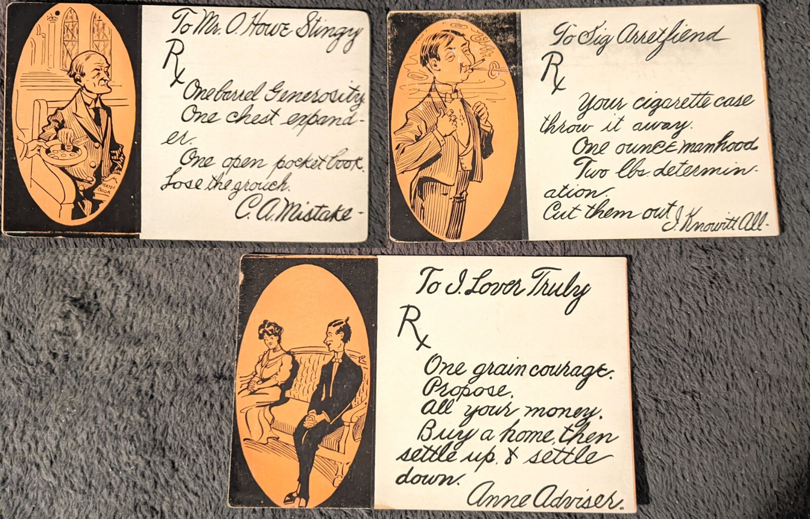 Lot 3 Antique 1907 Postcard S C Co. Rx to Lonesome Lover Smoker Stingy Humor Lot 3 Antique 1907 Postcard S C Co. Rx to Lonesome Lover Smoker Stingy Humor