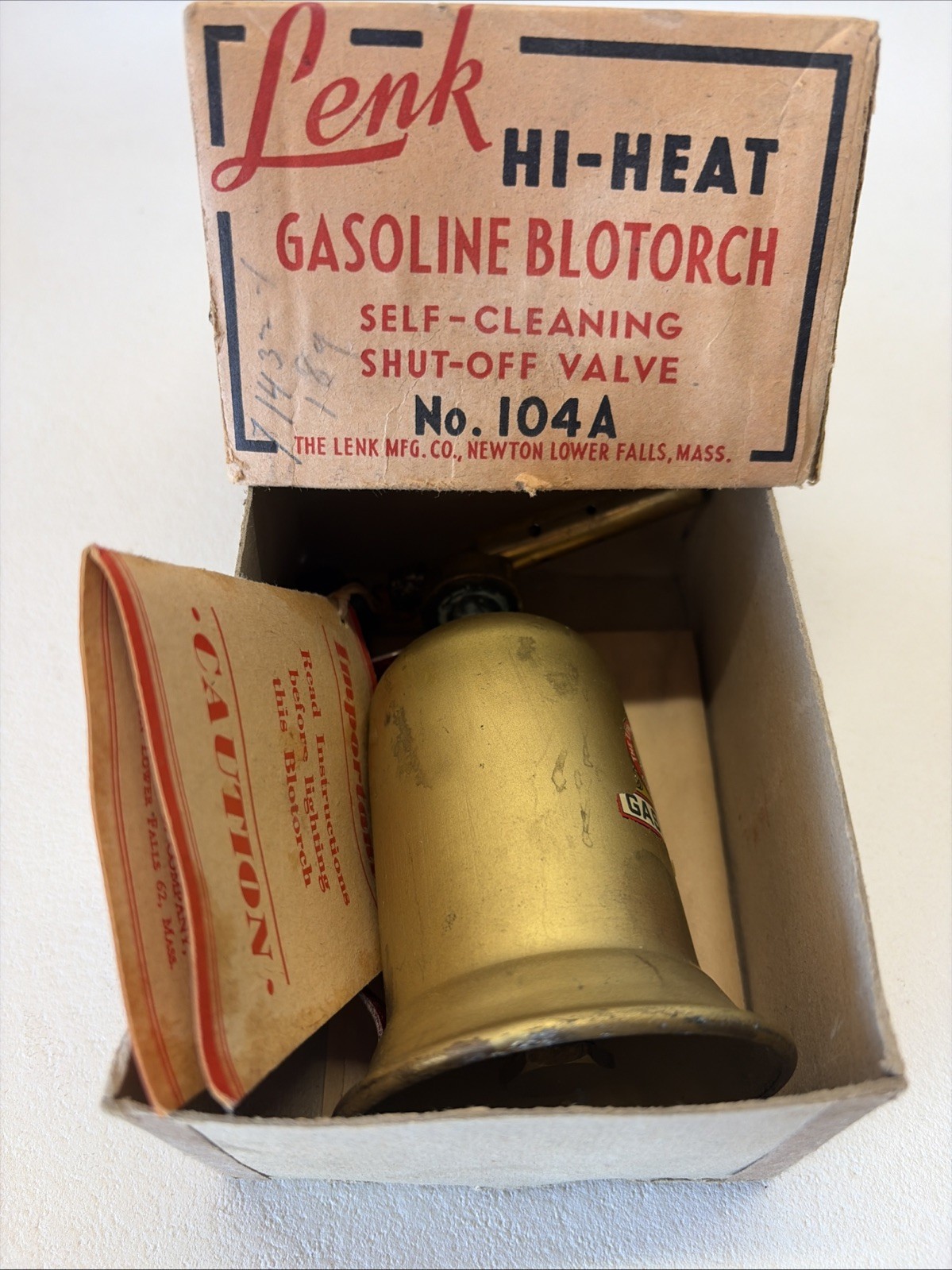 Vintage 1940's/50's Lenk Mfg Co Mini Brass Gasoline Blow Torch NOS mint w/ BOX Vintage 1940's/50's Lenk Mfg Co Mini Brass Gasoline Blow Torch NOS mint w/ BOX