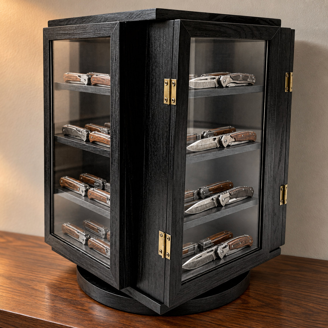 Rotating Wood Knife Display Case Cabinet - Black Pocket Knives Holder Shadow Box