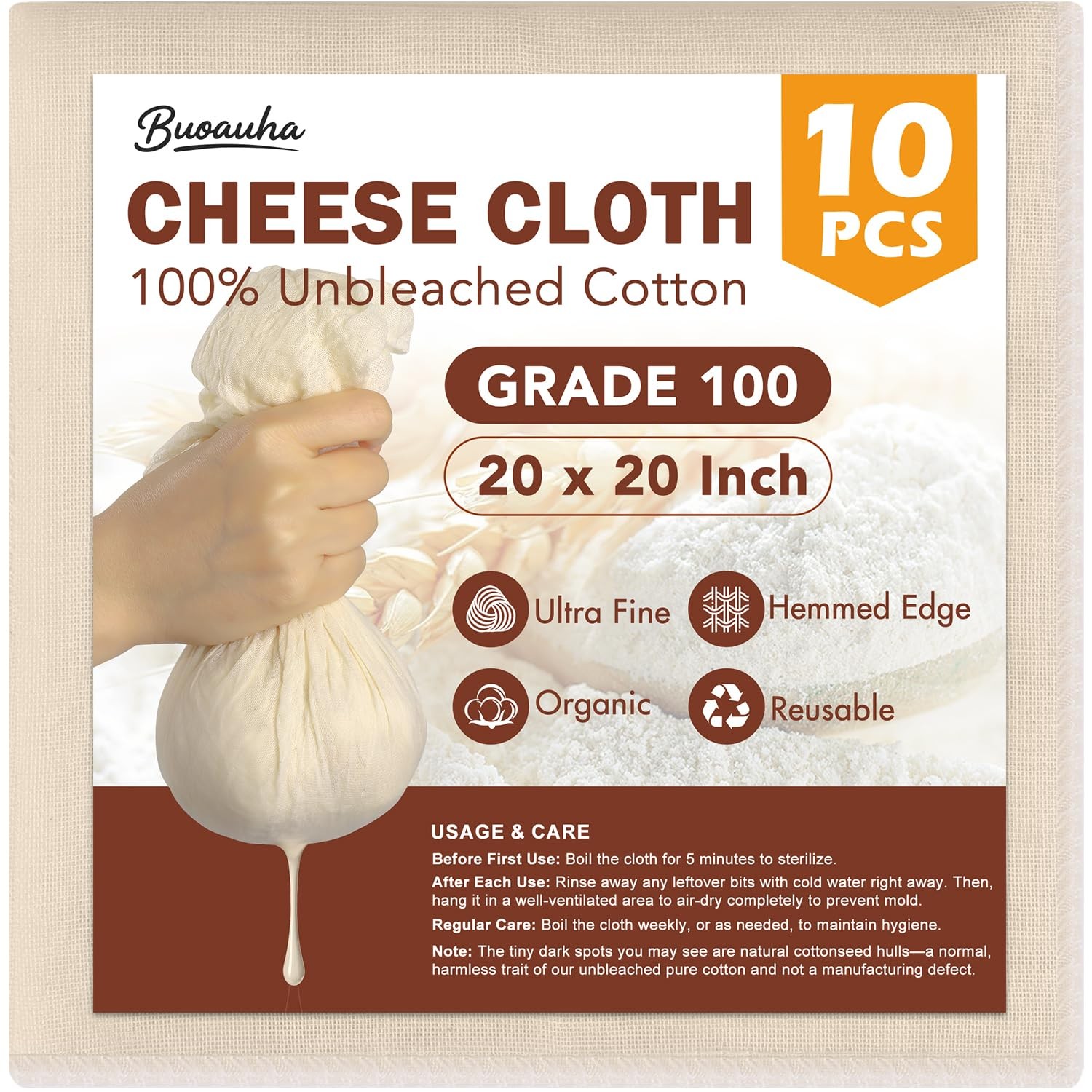 10 PCS Cheesecloth, 20x20 Inch – 100% Unbleached Cotton, Large, Natural Beige 10 PCS Cheesecloth, 20x20 Inch – 100% Unbleached Cotton, Large, Natural Beige