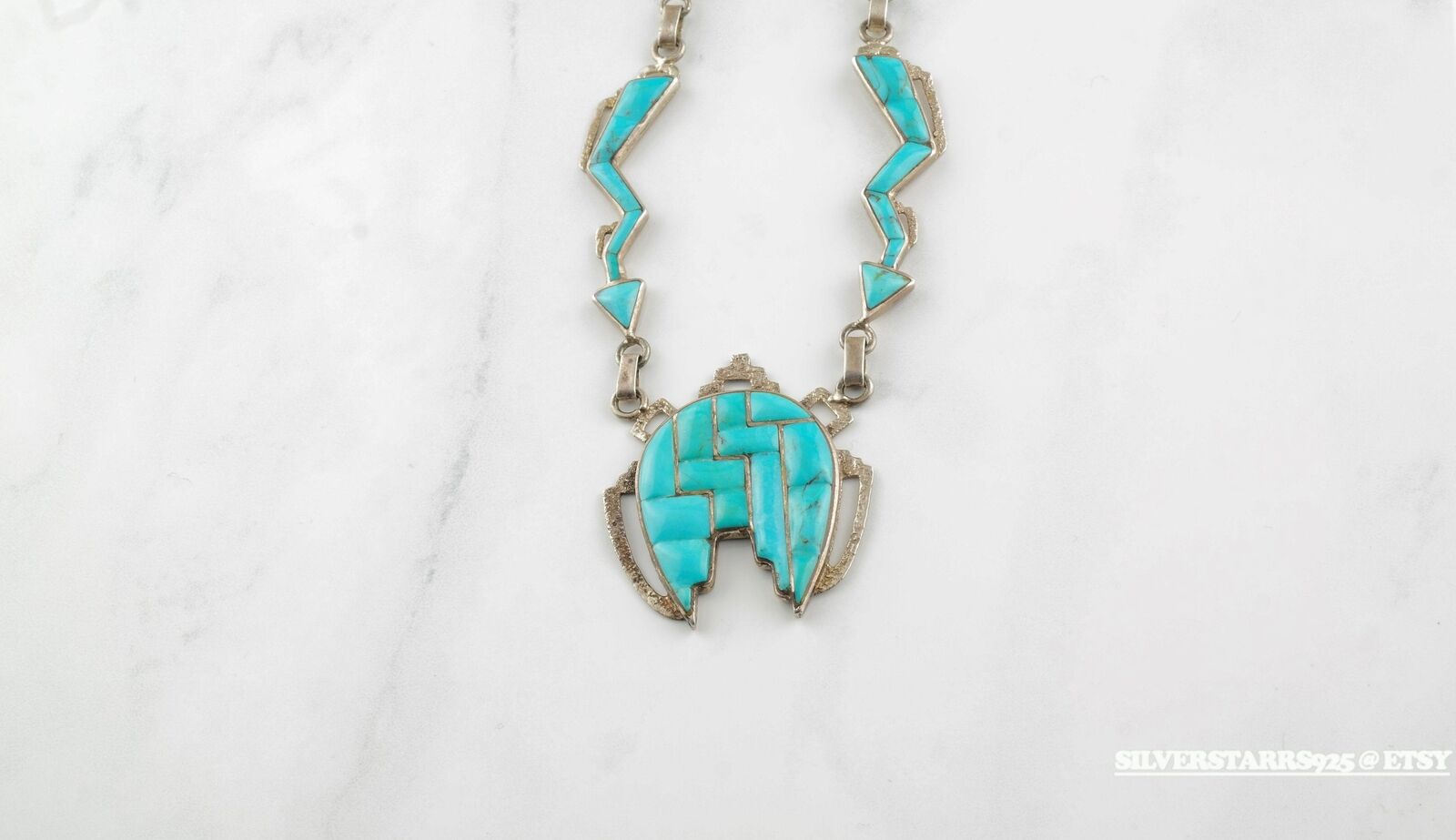 Southwest Inlay Necklace Sterling Silver Blue Turquoise Coral
