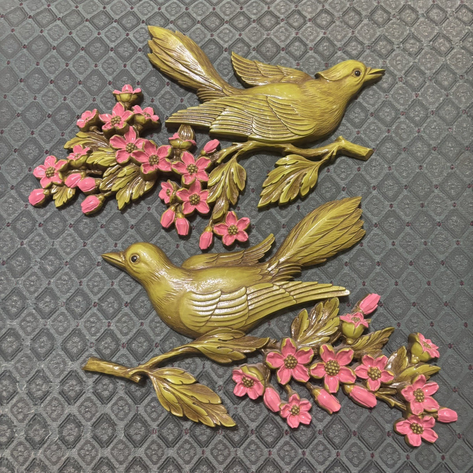 VTG MCM 1967 Syroco Birds Pink Dogwood Flower Branch Wall Hanging Decor 2 Piece