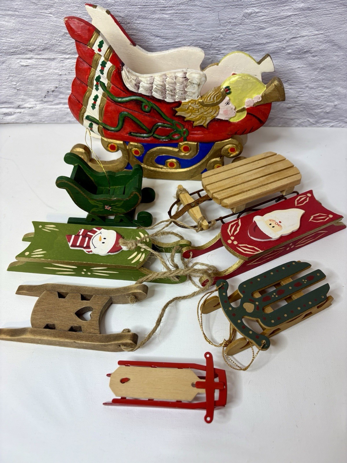 Vtg Wood Christmas Sleighs lot some handmade Handpainted ornaments & decor Vtg Wood Christmas Sleighs lot some handmade Handpainted ornaments & decor