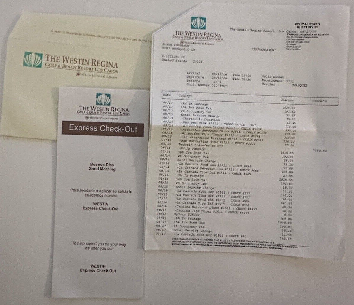 The Westin Regina Receipt & Docs Ephemera Mexico 2000