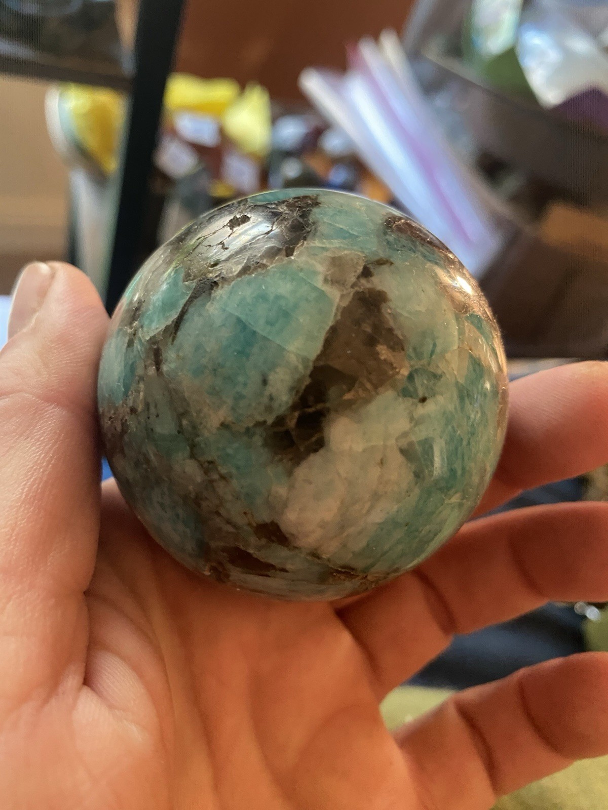 Amazonite Sphere 59 mm. .63 Lb. With Smokey Quarts Natural Crystal Ball Amazonite Sphere 59 mm. .63 Lb. With Smokey Quarts Natural Crystal Ball