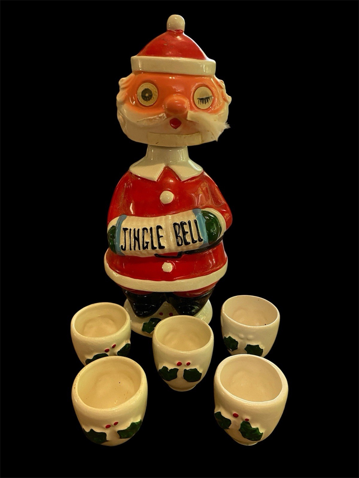Vintage MCM Santa Decanter Winking Eyes Nodder Bobblehead Shot Glasses Japan 10” Vintage MCM Santa Decanter Winking Eyes Nodder Bobblehead Shot Glasses Japan 10”