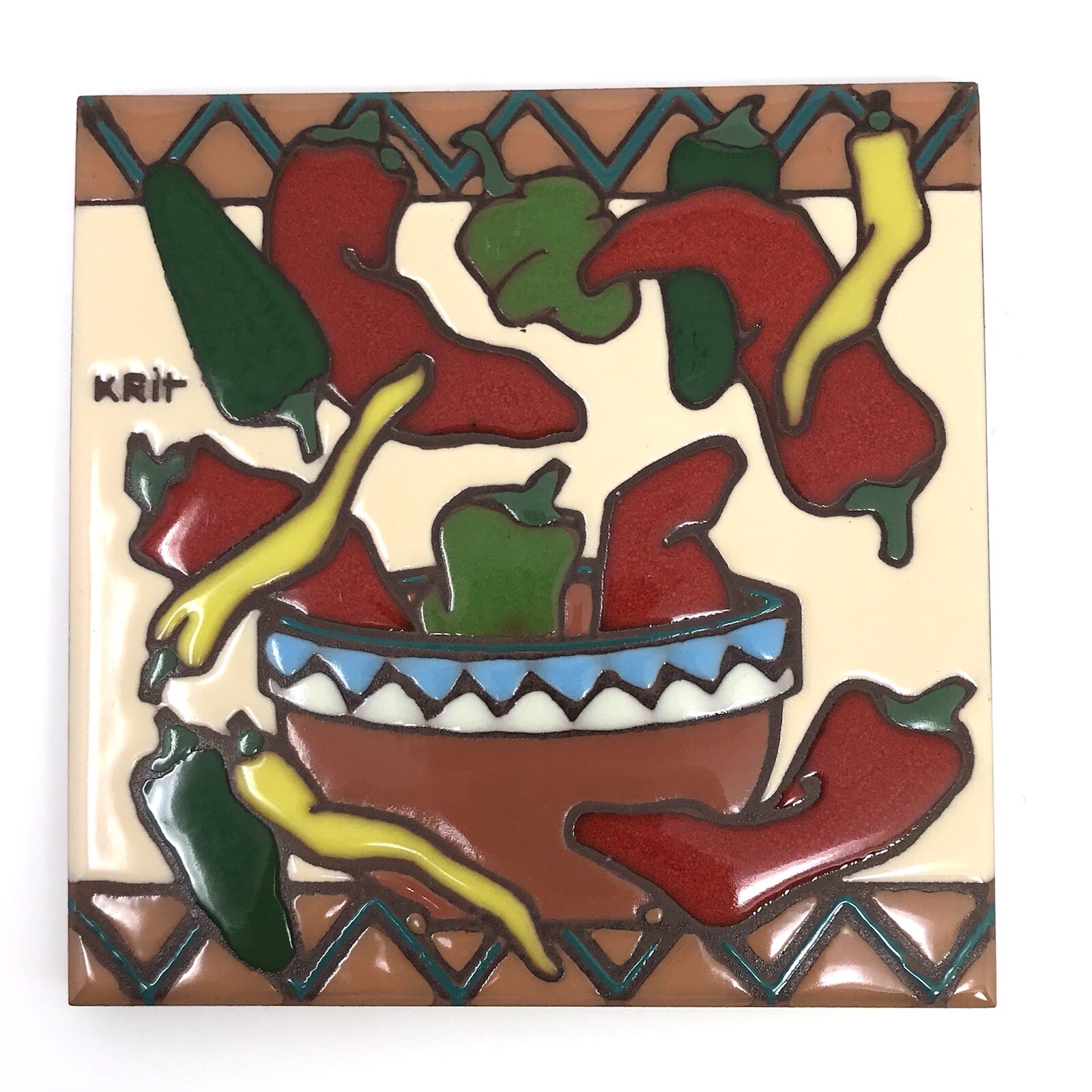 VTG  KRIT Ceramic Art Tile Trivet CHILIES 1995 Peppers Southwest Arizona Signed