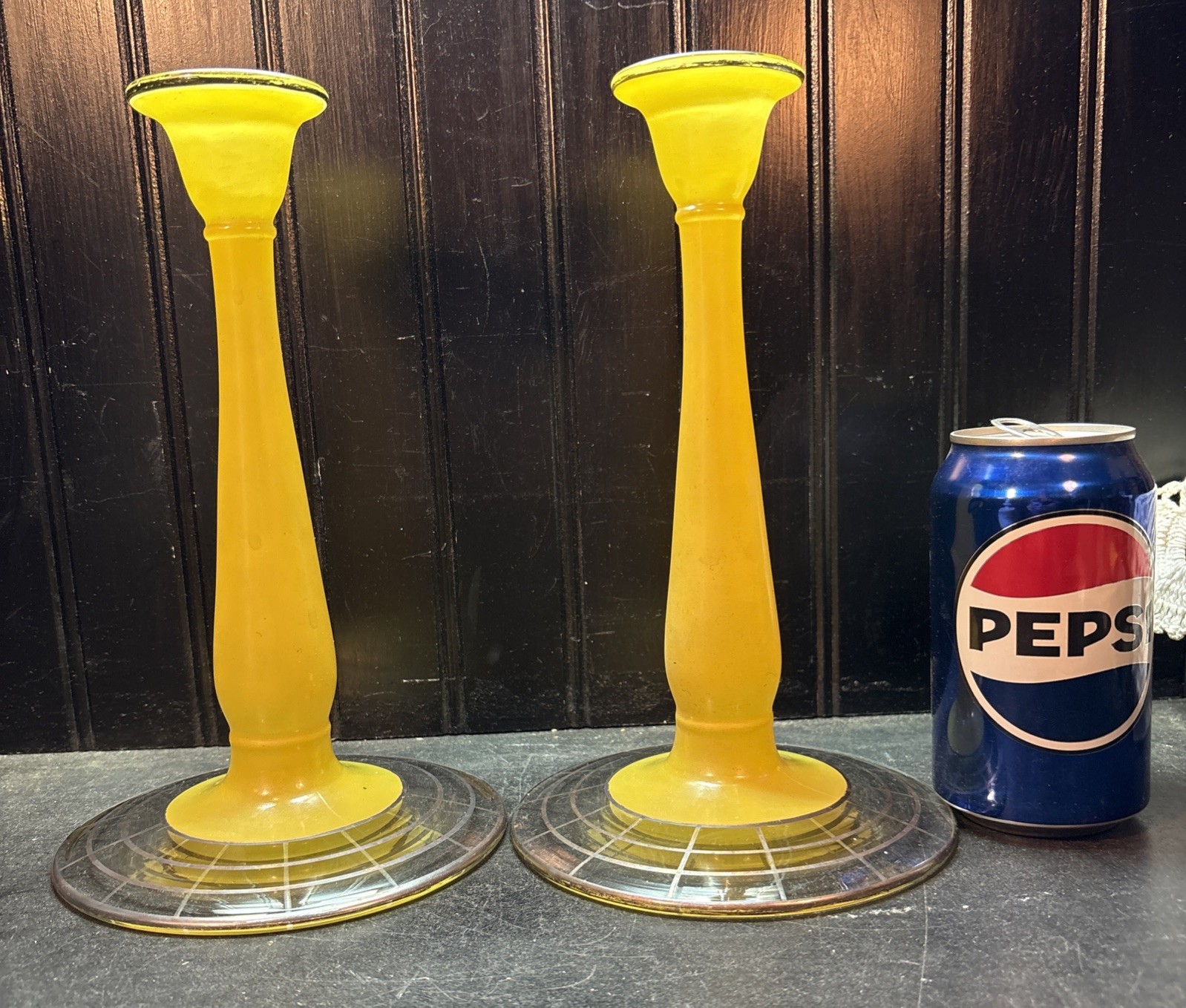 Vtg PAIR 1920’s? Satin Yellow 9 1/4” TL Elegant Candlesticks Painted Web Base Vtg PAIR 1920’s? Satin Yellow 9 1/4” TL Elegant Candlesticks Painted Web Base