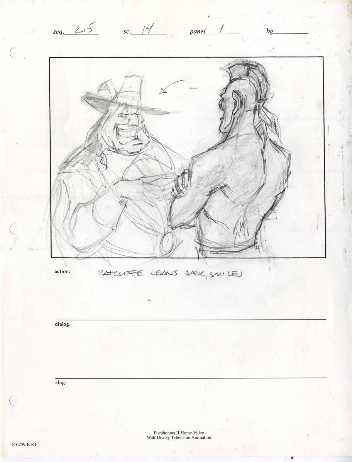 Original Storyboard Drawing of Ratcliffe and Uti from Pocahontas II: Journey to