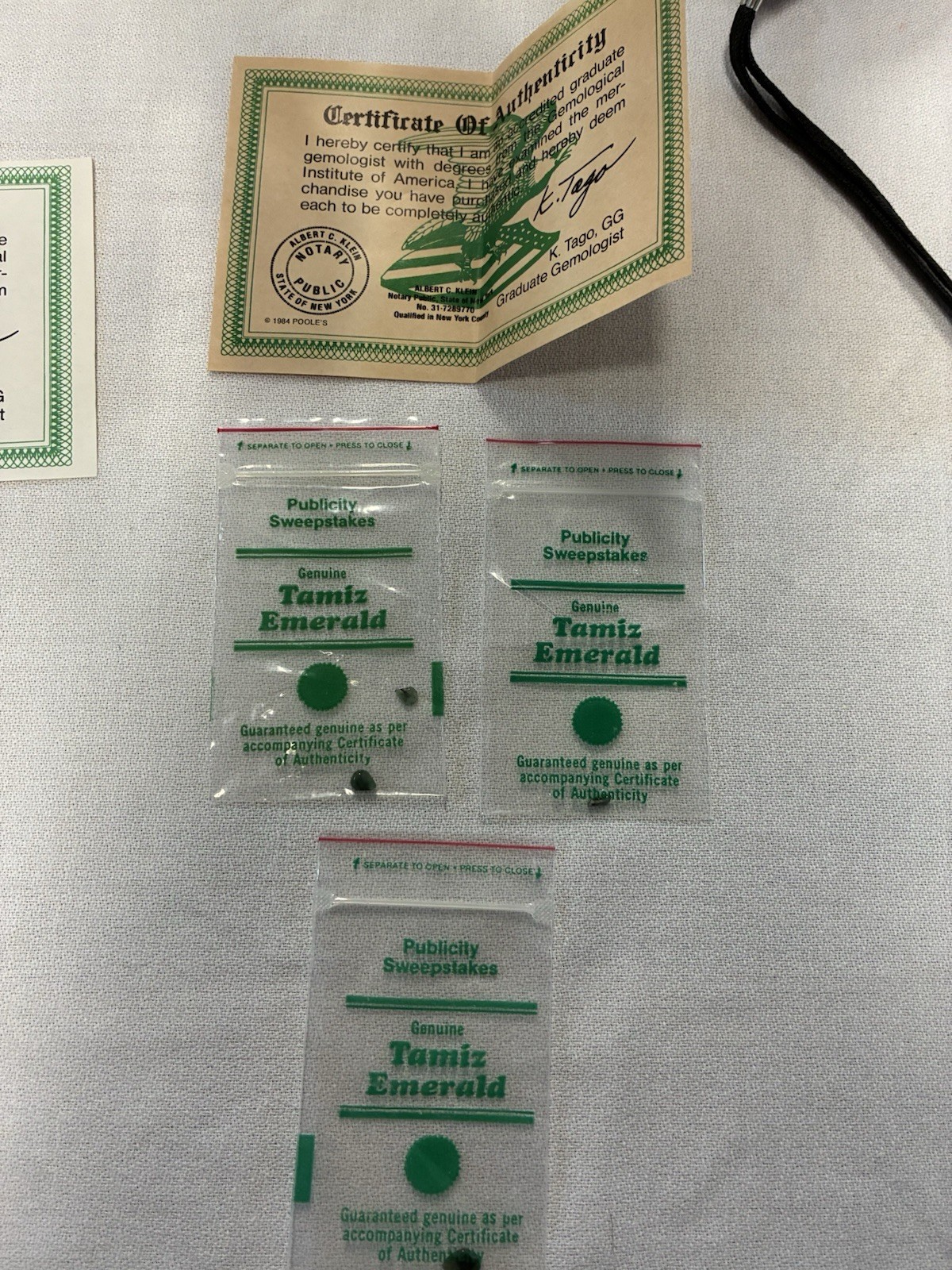 Lot of 3 Vintage Publicity Sweepstakes Genuine Tamiz Emerald Packets with COA