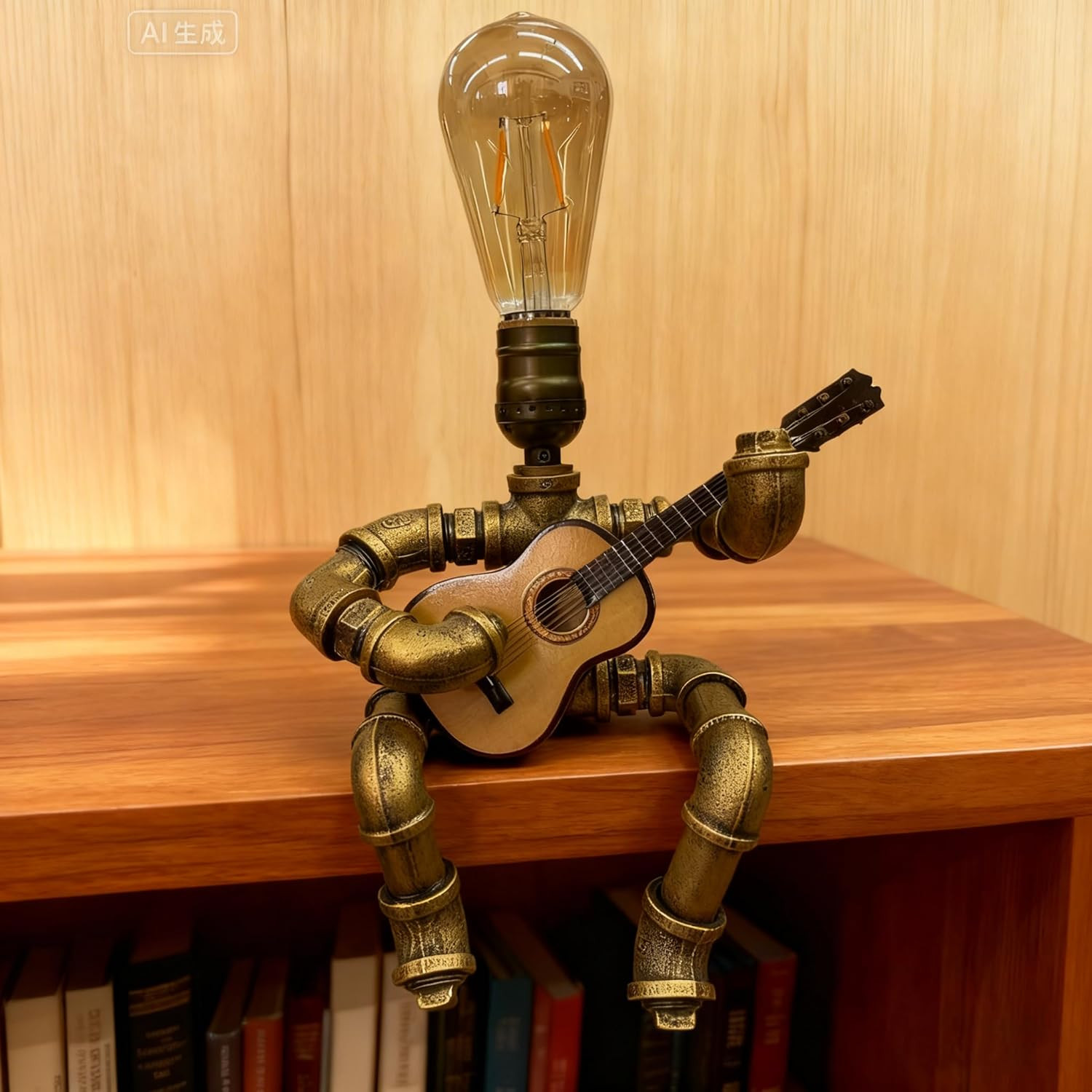 Pipe-Man Guitar-Playing Steampunk Lamp with Edison Bulb, Vintage Industrial Deco Pipe-Man Guitar-Playing Steampunk Lamp with Edison Bulb, Vintage Industrial Deco