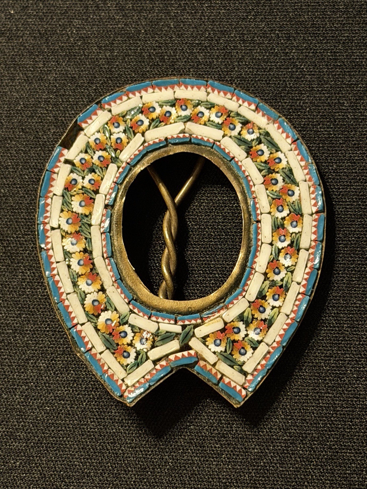 Antique Italian Micro Mosaic Horseshoe Miniature Picture Frame Floral Brass