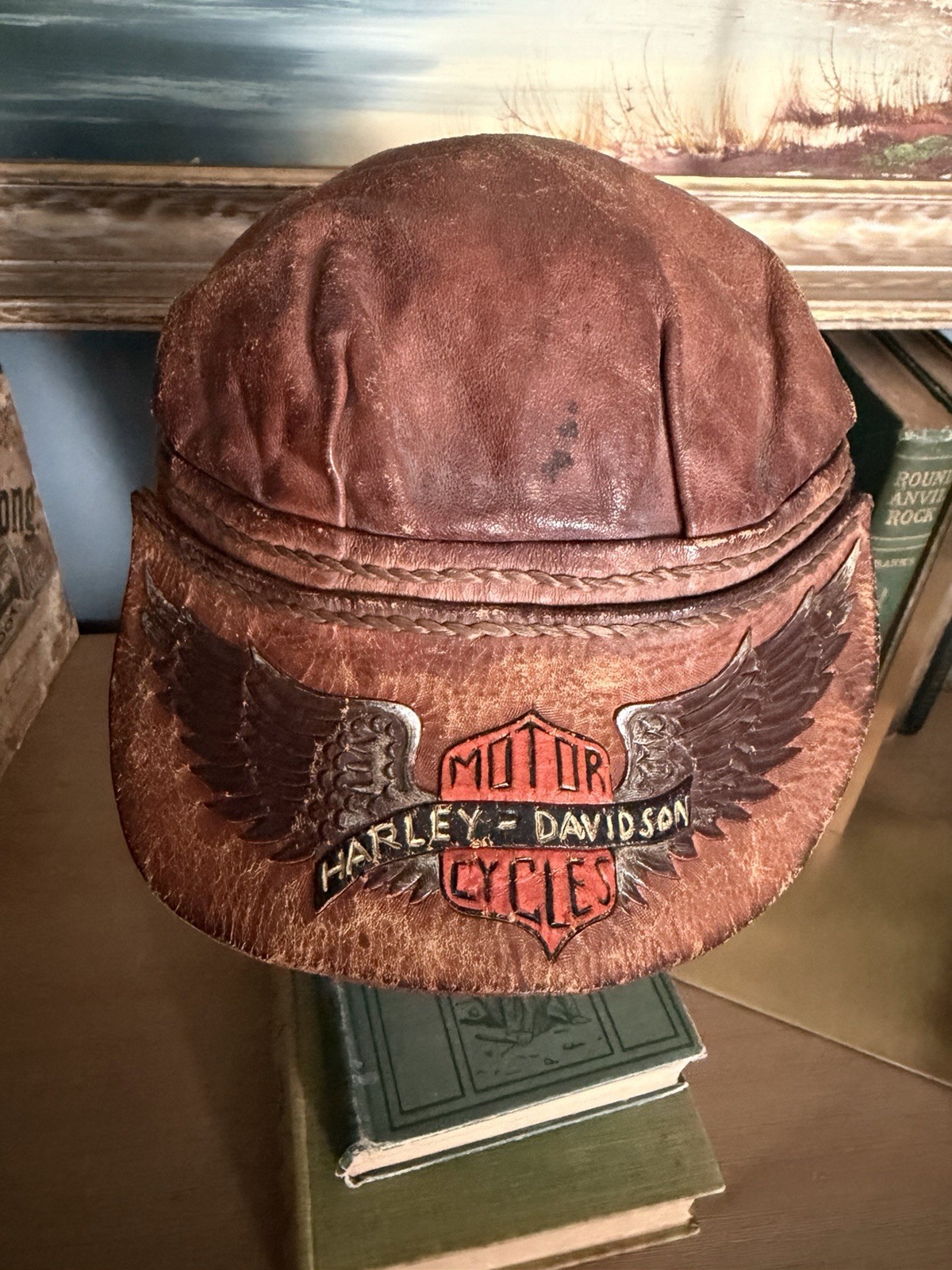Rare Vintage Harley Davidson Brown Leather Biker Cap Hat Tooled Winged Logo Rare Vintage Harley Davidson Brown Leather Biker Cap Hat Tooled Winged Logo