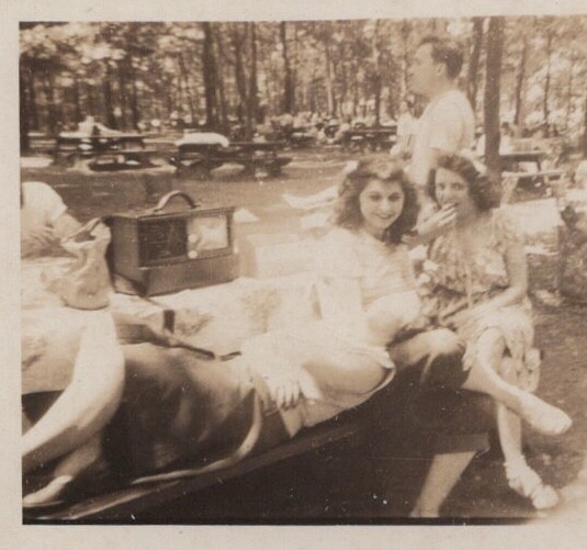 Two Pretty Women Picnic Table Park People Trees Summer Gathering 1947 Two Pretty Women Picnic Table Park People Trees Summer Gathering 1947