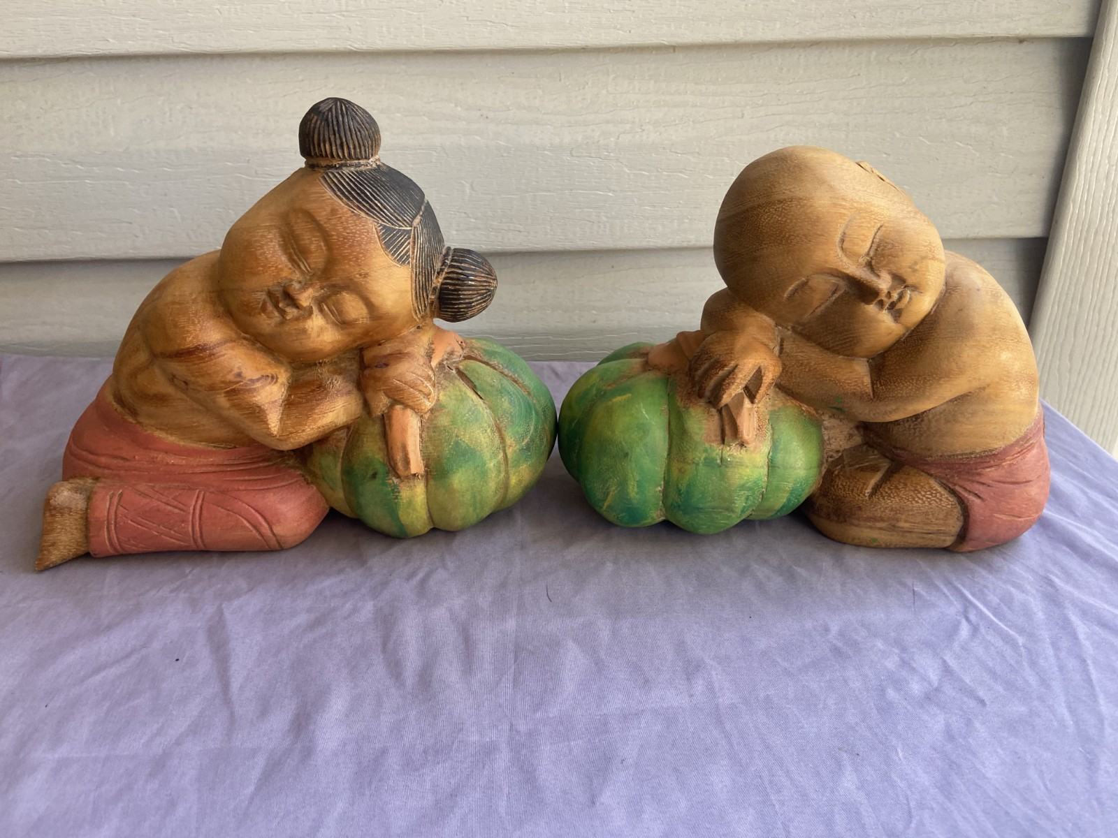 Vintage Hand Carved Asian Boy and Girl Sleeping on Melons Good Luck Set Vintage Hand Carved Asian Boy and Girl Sleeping on Melons Good Luck Set