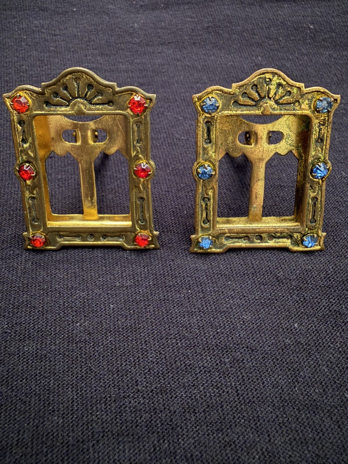 Antique Micro Mini Art Deco Jeweled Brass Picture Frame Easel Back Czech Antique Micro Mini Art Deco Jeweled Brass Picture Frame Easel Back Czech