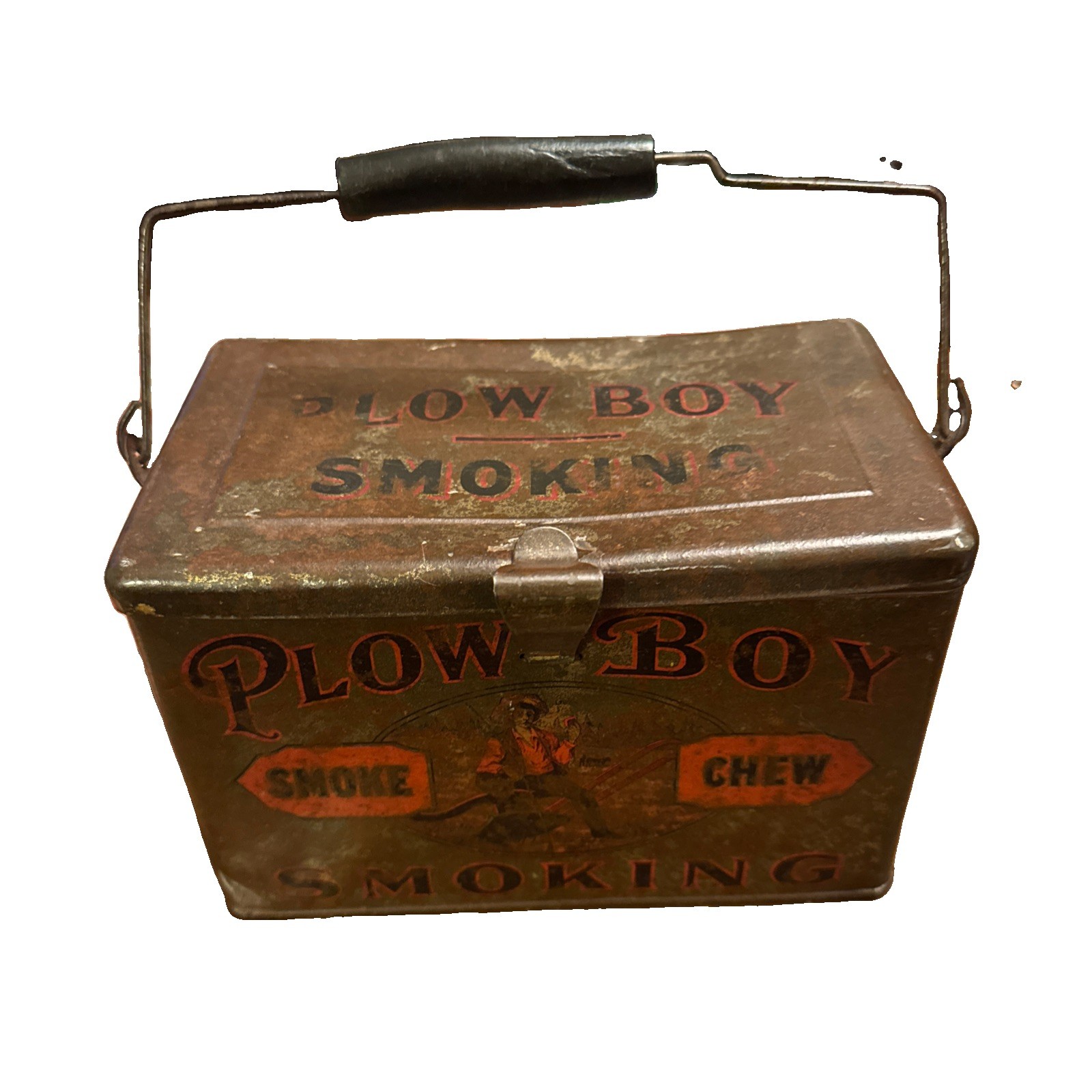 Antique Plow Boy Smoking & Chewing Tobacco Advertising Lunch Pail – Early 1900s Antique Plow Boy Smoking & Chewing Tobacco Advertising Lunch Pail – Early 1900s