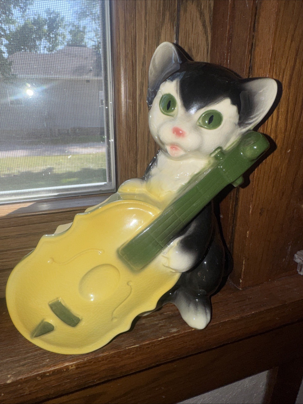 Royal Copley 7 1/2" Black & White Cat and Cello Planter in Excellent Condition