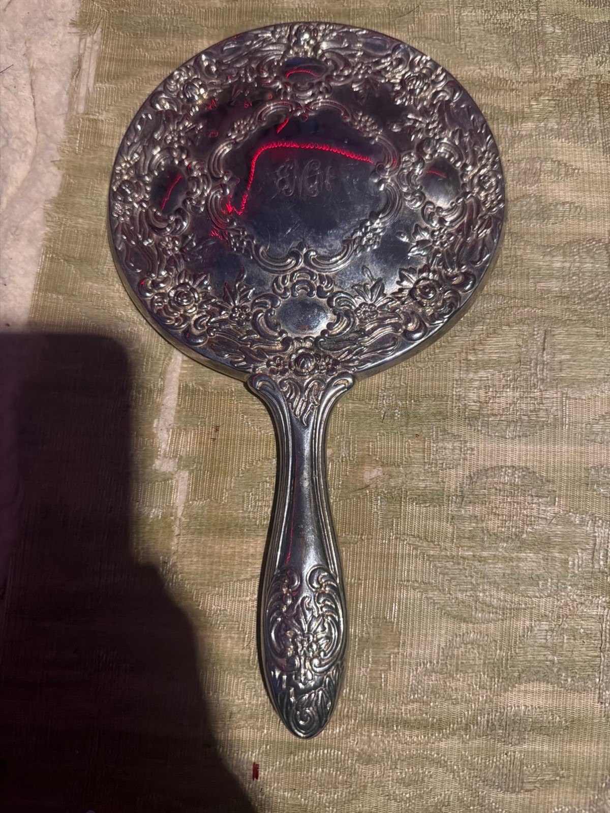 Vintage Silver Tone Hand Mirror Ornate Floral Repousse Monogram EMH Vanity Vintage Silver Tone Hand Mirror Ornate Floral Repousse Monogram EMH Vanity