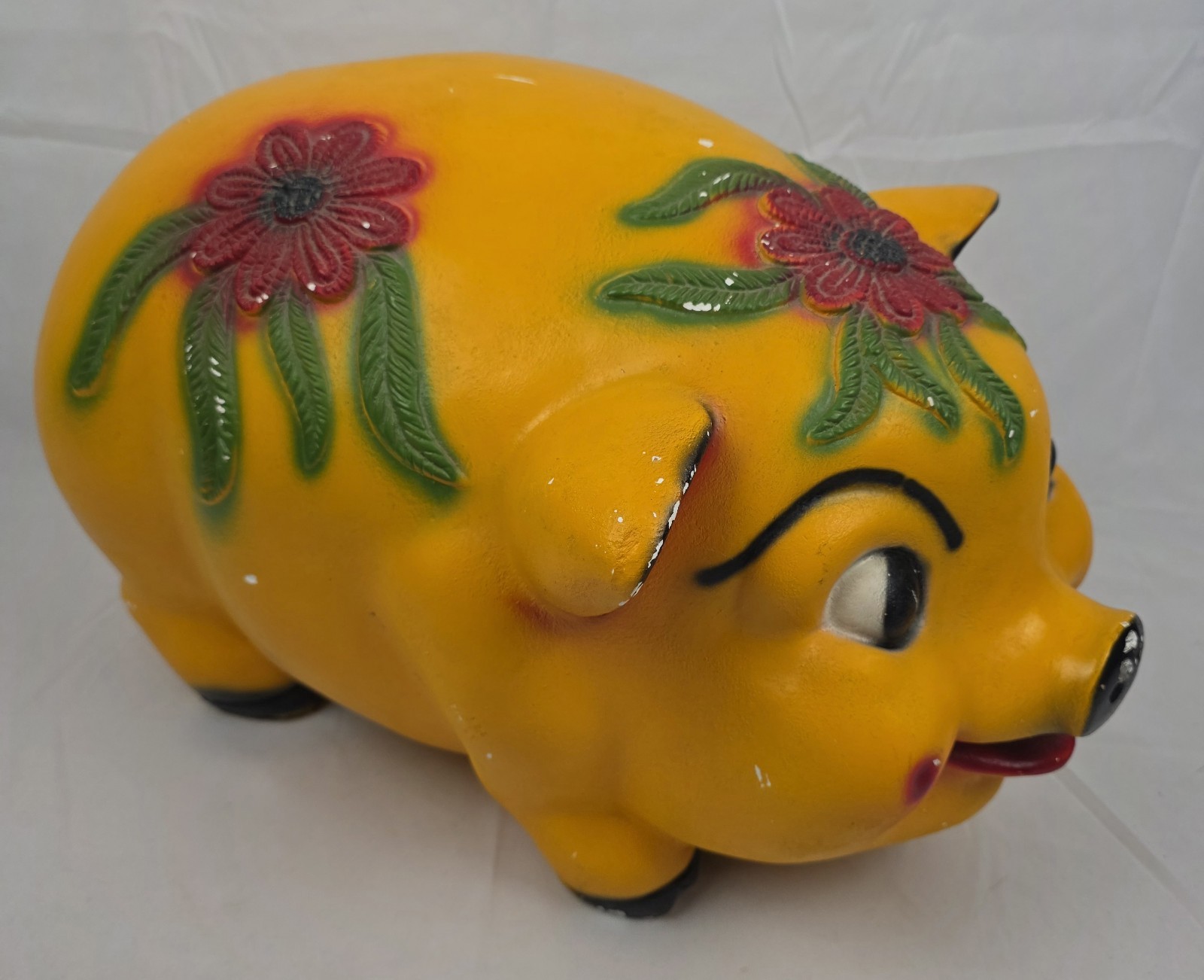 Vintage 1960s 70s Mexico Jumbo Chalkware Piggy Bank 24" Floral Plaster Folk Art