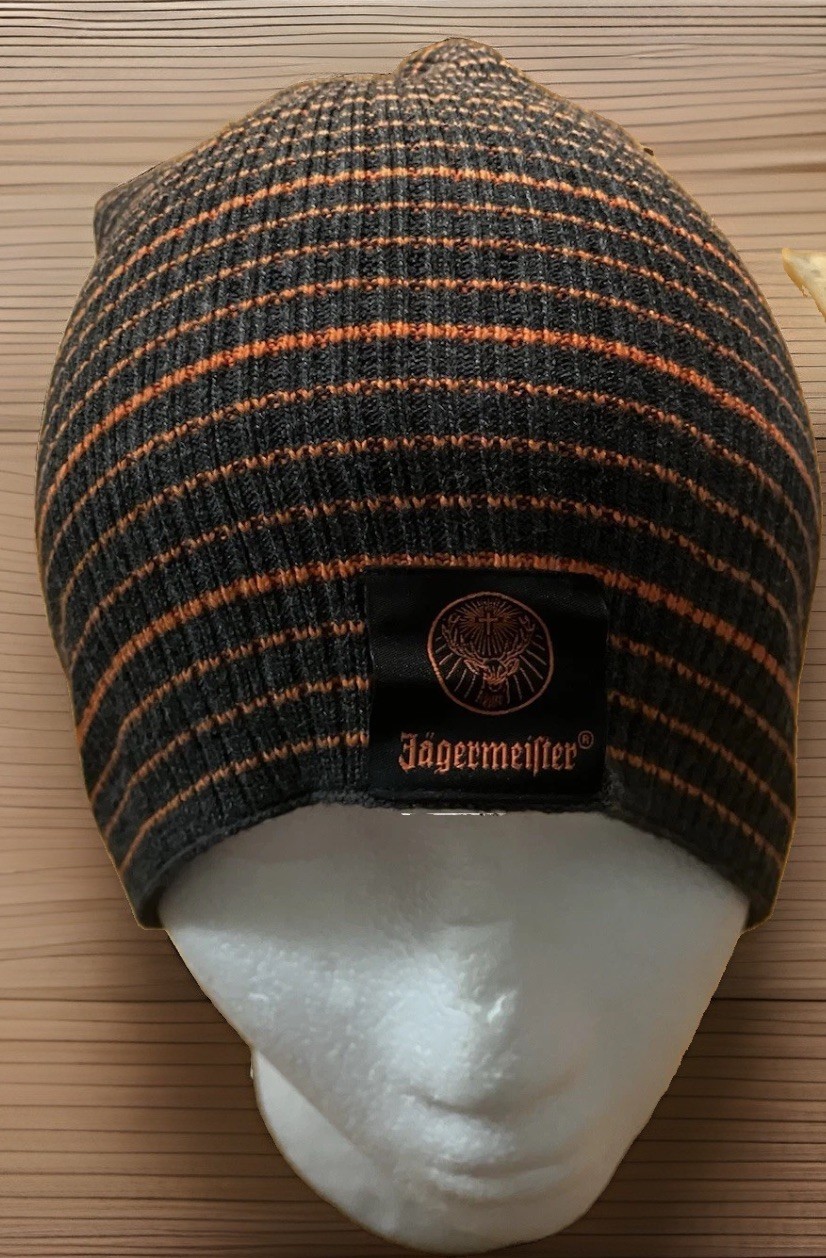 Jagermeister Knit Beanie Hat Cap OS Grey Orange Striped Slouchy Ribbed Logo