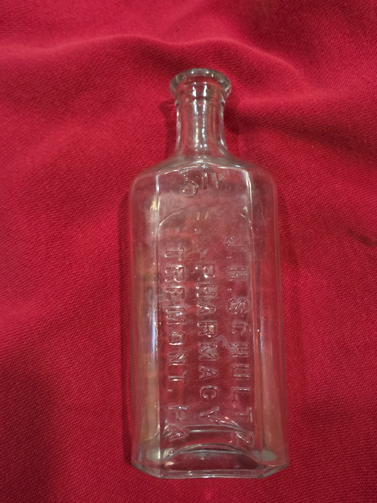 Vintage J H Schultz Pharmacy Tremont Pa Embossed Clear Glass Medicine Bottle Vintage J H Schultz Pharmacy Tremont Pa Embossed Clear Glass Medicine Bottle
