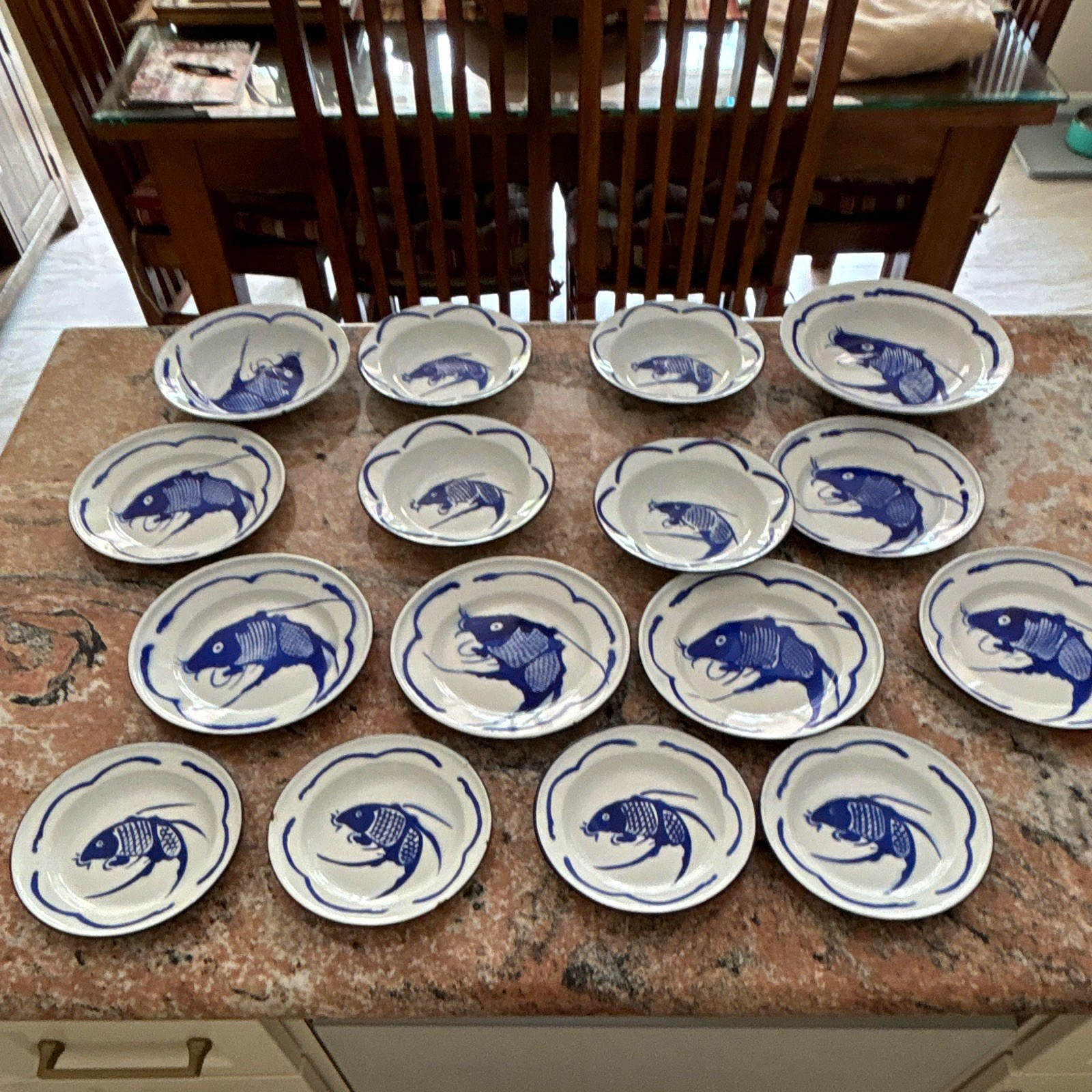 Vintage Chinese Enamelware Koi Fish Plate Bowl Set 16pc Goldfish Brand 1979 Vintage Chinese Enamelware Koi Fish Plate Bowl Set 16pc Goldfish Brand 1979