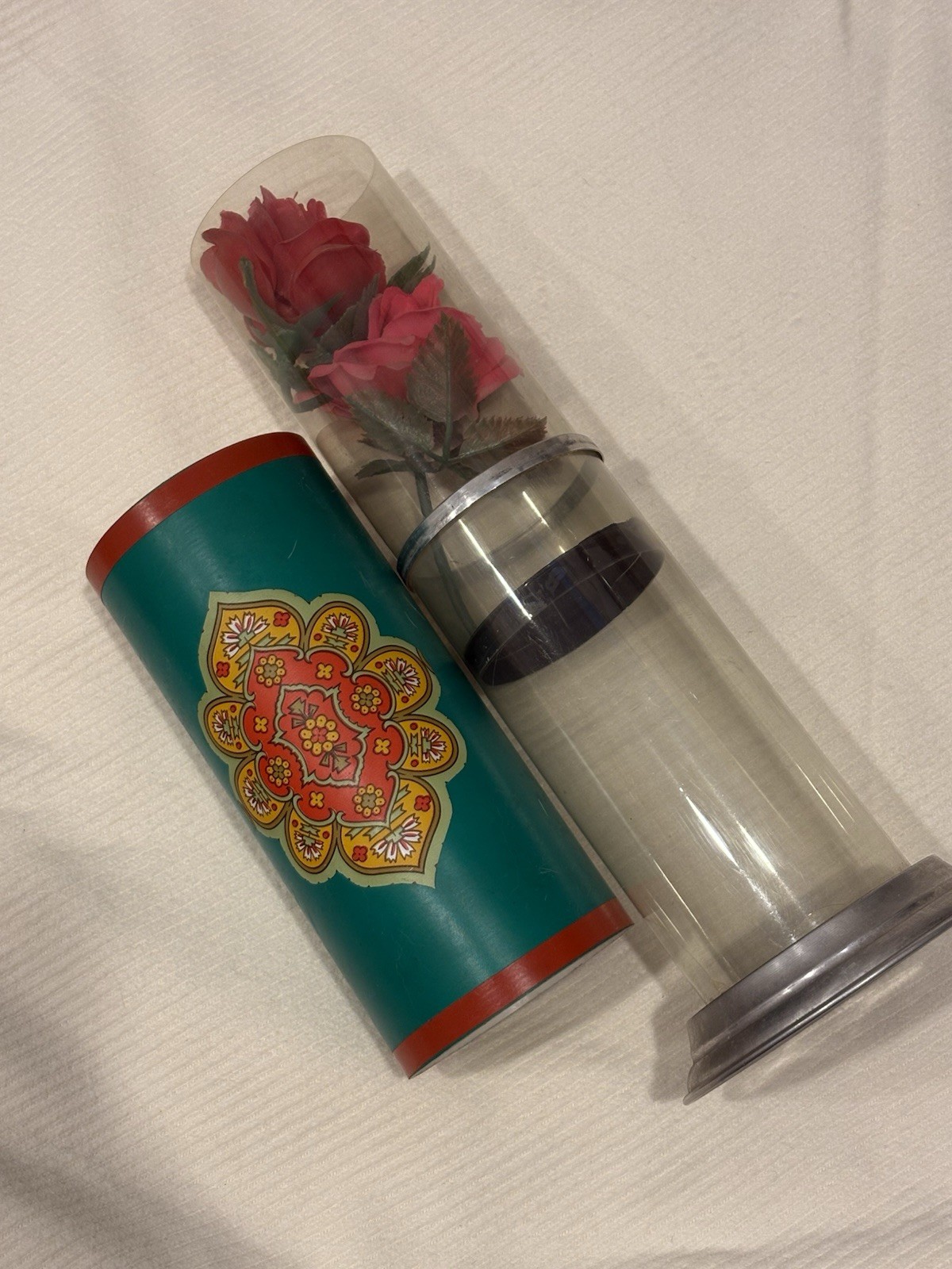 Vintage Magic Trick – Flower Production/Vanishing, Green Cylinder, Clear Tube