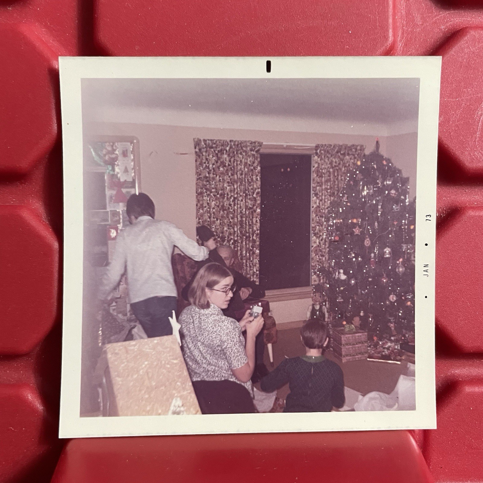 Family With Presents By Christmas Tree 3 1/2 x 3 1/2 Photograph Vintage 1973 Family With Presents By Christmas Tree 3 1/2 x 3 1/2 Photograph Vintage 1973