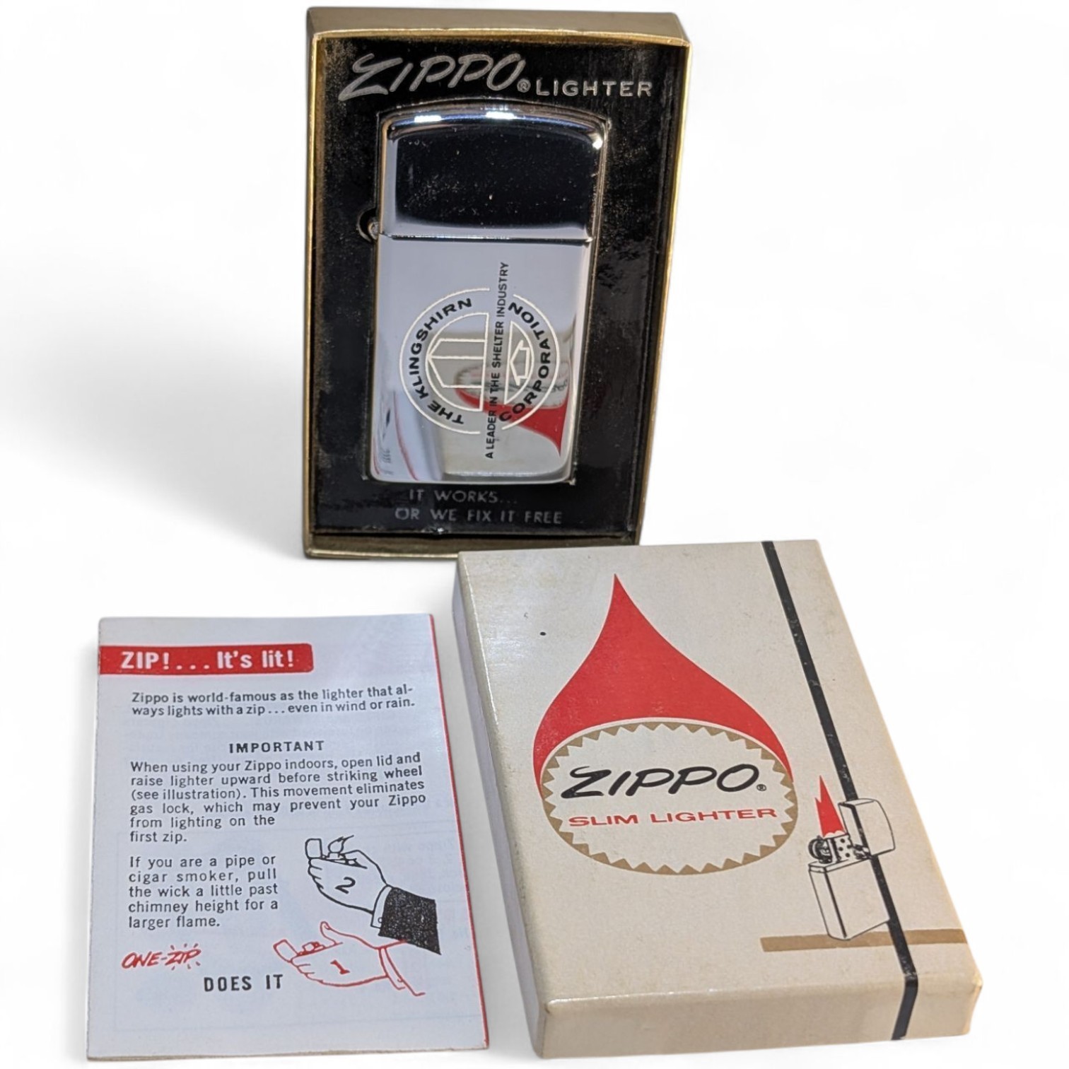 Zippo Slim Vintage 1972 Lighter NEW IN BOX The Klingshirn Corporation Shelter's Zippo Slim Vintage 1972 Lighter NEW IN BOX The Klingshirn Corporation Shelter's