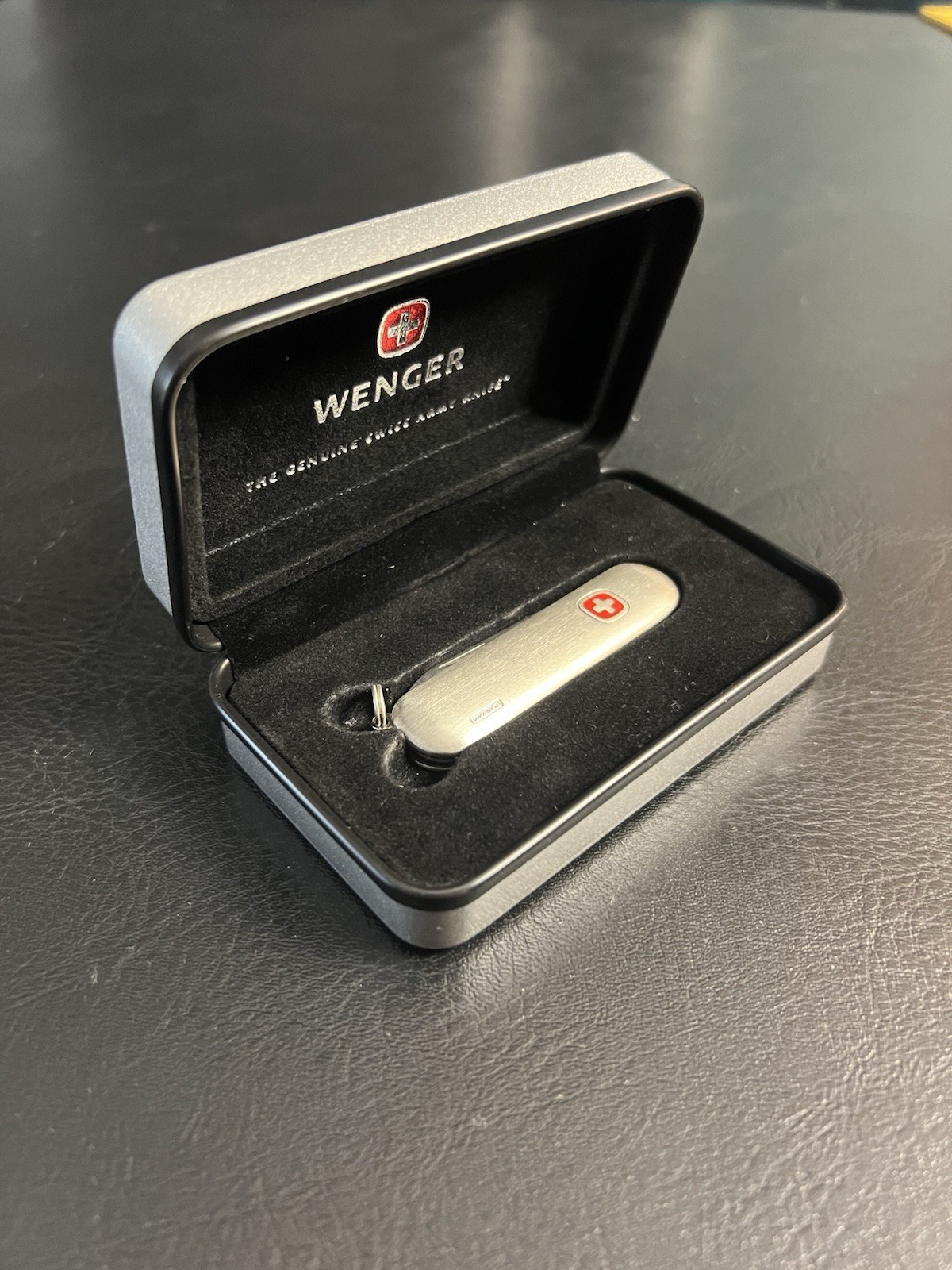 NEW Wenger Esquire Brushed Stainless Steel Swiss Army Knife Delemont 2.5” + Case NEW Wenger Esquire Brushed Stainless Steel Swiss Army Knife Delemont 2.5” + Case