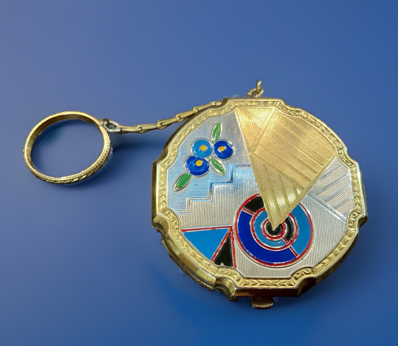 Antique Art Deco Dance Compact w/ Finger Ring Colorful Enamel Gold Silver Antique Art Deco Dance Compact w/ Finger Ring Colorful Enamel Gold Silver