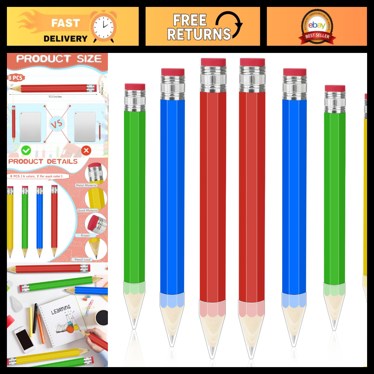 8 Pack 13.5 Inch Jumbo Wooden Pencils Multicolor Fun Giant Novelty Pencils for G 8 Pack 13.5 Inch Jumbo Wooden Pencils Multicolor Fun Giant Novelty Pencils for G