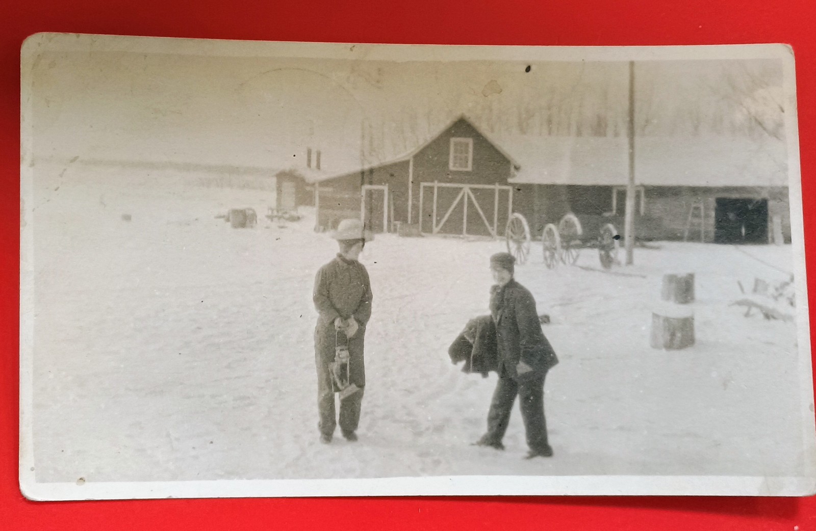 RPPC Thief River Falls Minnesota Two Woman Pose In Front Of Barn Scene Winter RPPC Thief River Falls Minnesota Two Woman Pose In Front Of Barn Scene Winter