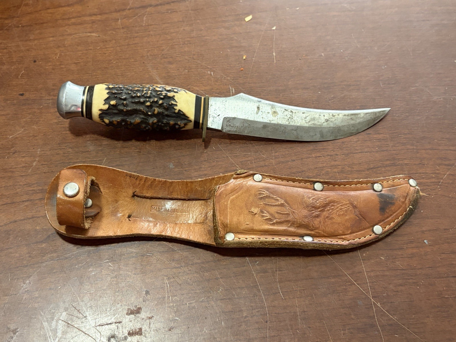 Vintage EC Solingen Germany 47X Hunting Knife Stag Handle Leather Sheath