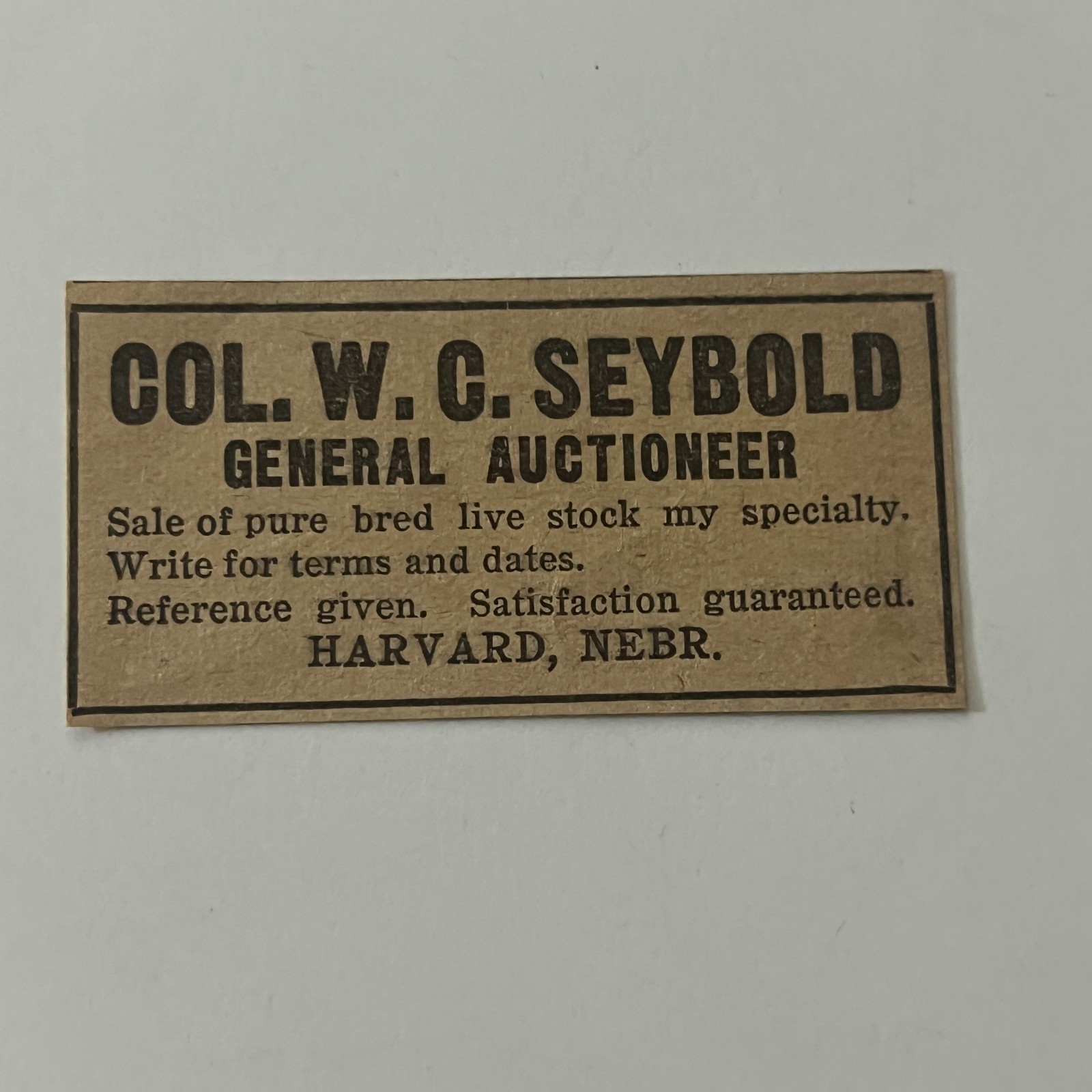 Col WC Seybold General Auctioneer Live Stock Harvard NE 1912 Clipping TAJ5-S17