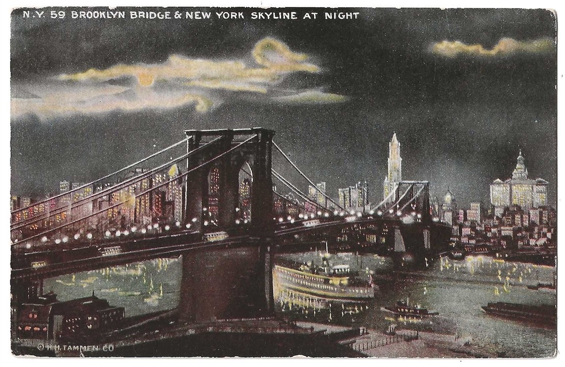 New York City c1910 Brooklyn Bridge, East River, ship, waterfront, night