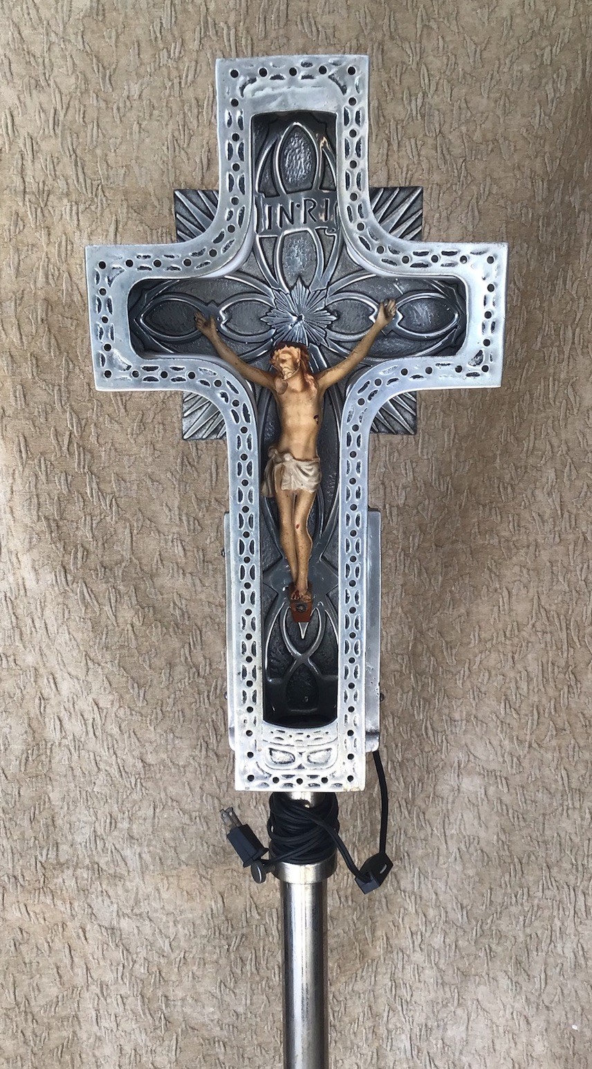 1920/30s Art Deco Funeral Home Cast Aluminum Neon INRI Crucifix 1920/30s Art Deco Funeral Home Cast Aluminum Neon INRI Crucifix