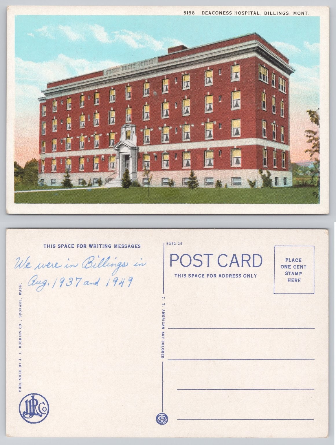 Billings MT Deaconess Hospital Postcard 1937 Montana Curt Teich Vintage
