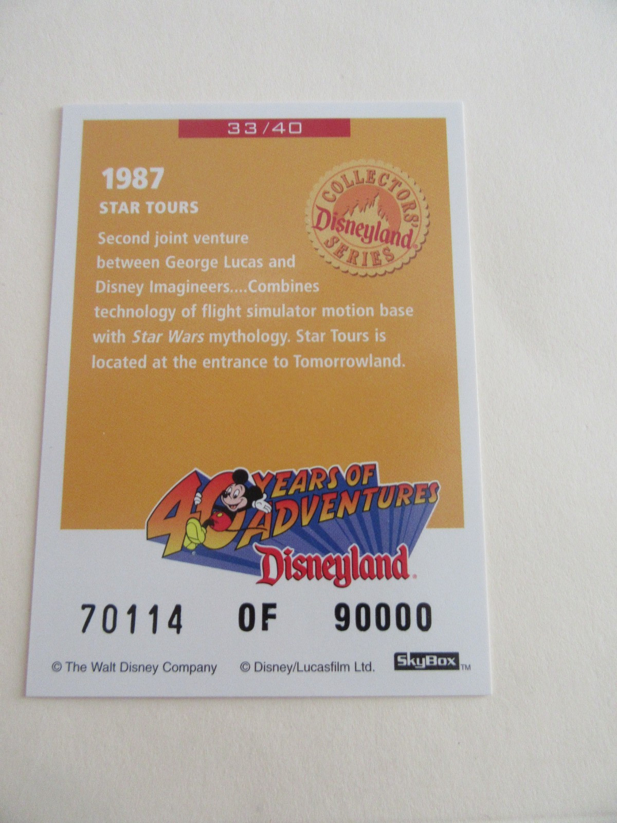 Disneyland 40th Year Anniv. 1987 Star Tours Collector Card #70115 Of 90,000 Disneyland 40th Year Anniv. 1987 Star Tours Collector Card #70115 Of 90,000