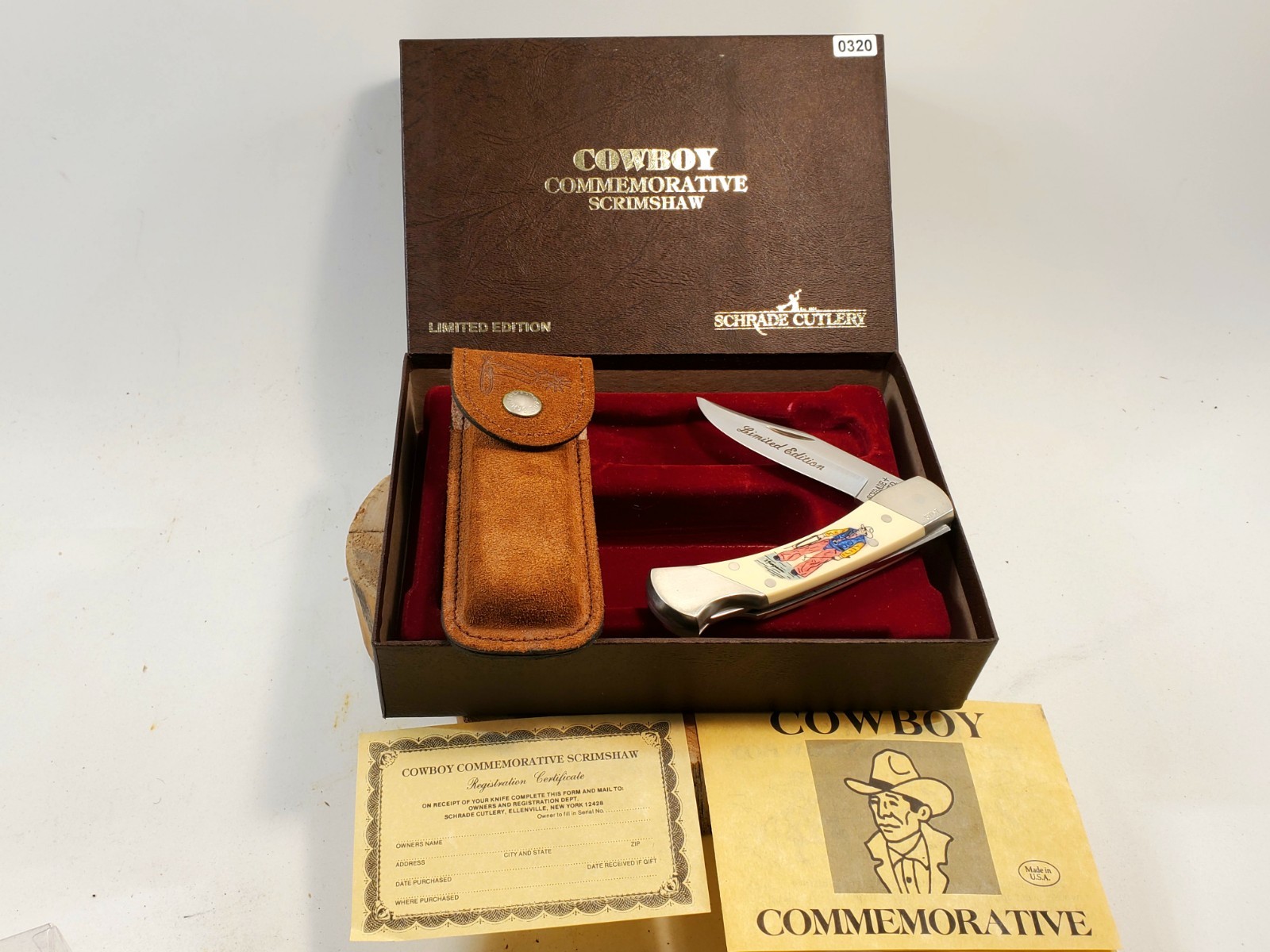 Vtg Schrade USA Scrimshaw “Cowboy Commemorative Scrimshaw Knife Limited Edition Vtg Schrade USA Scrimshaw “Cowboy Commemorative Scrimshaw Knife Limited Edition