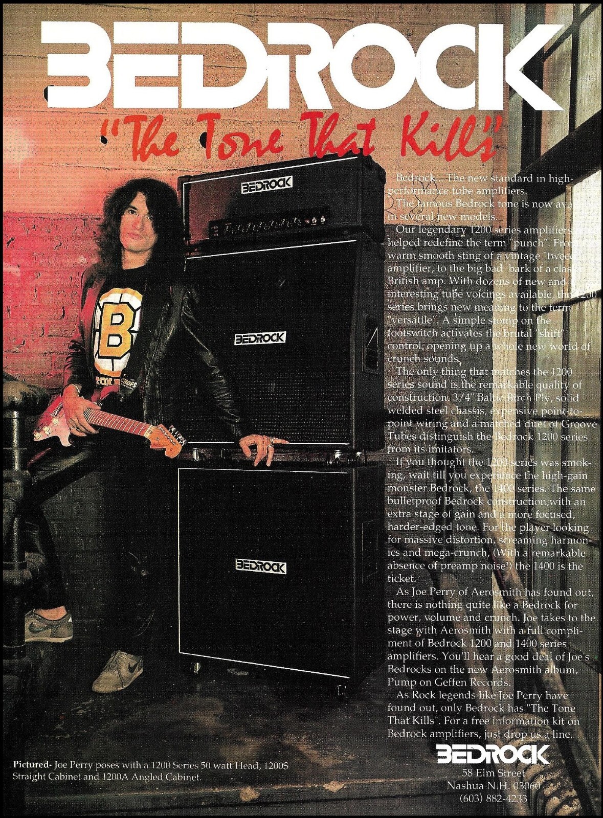 Aerosmith Joe Perry 1990 Bedrock 1200 series guitar amp advertisement ad print Aerosmith Joe Perry 1990 Bedrock 1200 series guitar amp advertisement ad print
