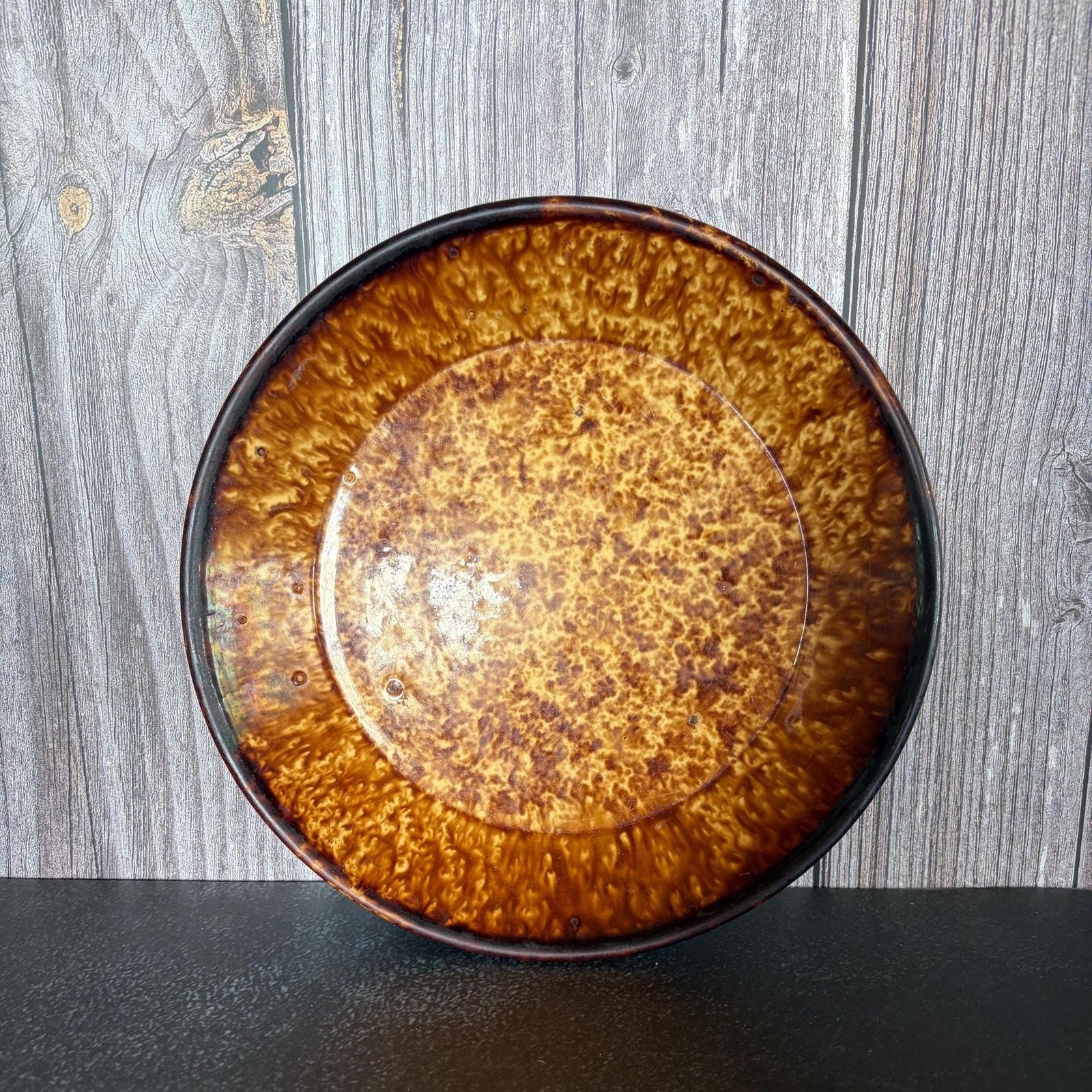 Antique 19th Century Rockingham Yellowware Pie Plate Brown Tortoiseshell Glaze Antique 19th Century Rockingham Yellowware Pie Plate Brown Tortoiseshell Glaze