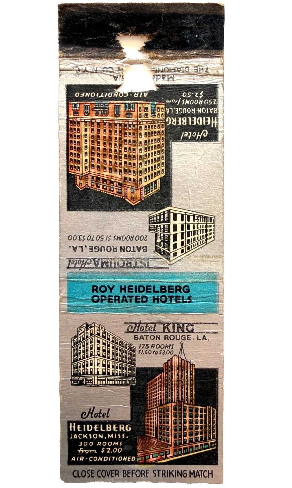 1940s Hotel Heidelberg Baton Rouge Jackson MS Matchbook Cover Nightclub Vintage