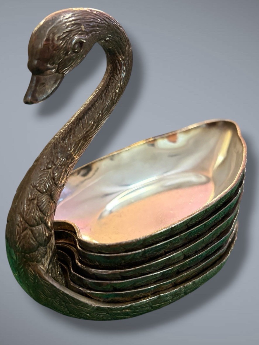 Vintage Silver Plate Swan Serving Set 6 Pc Nesting Dishes Brass Bird Holder Vintage Silver Plate Swan Serving Set 6 Pc Nesting Dishes Brass Bird Holder