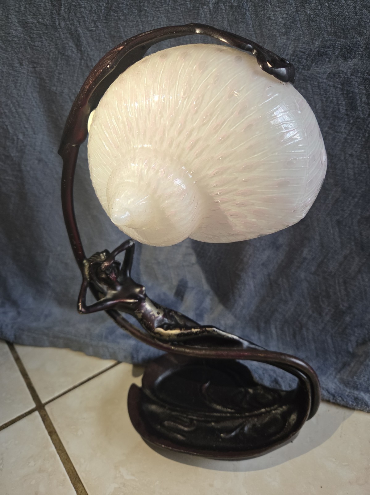 Art Nouveau Figural Lady Table Lamp Pink White Glass Conch Shell Shade