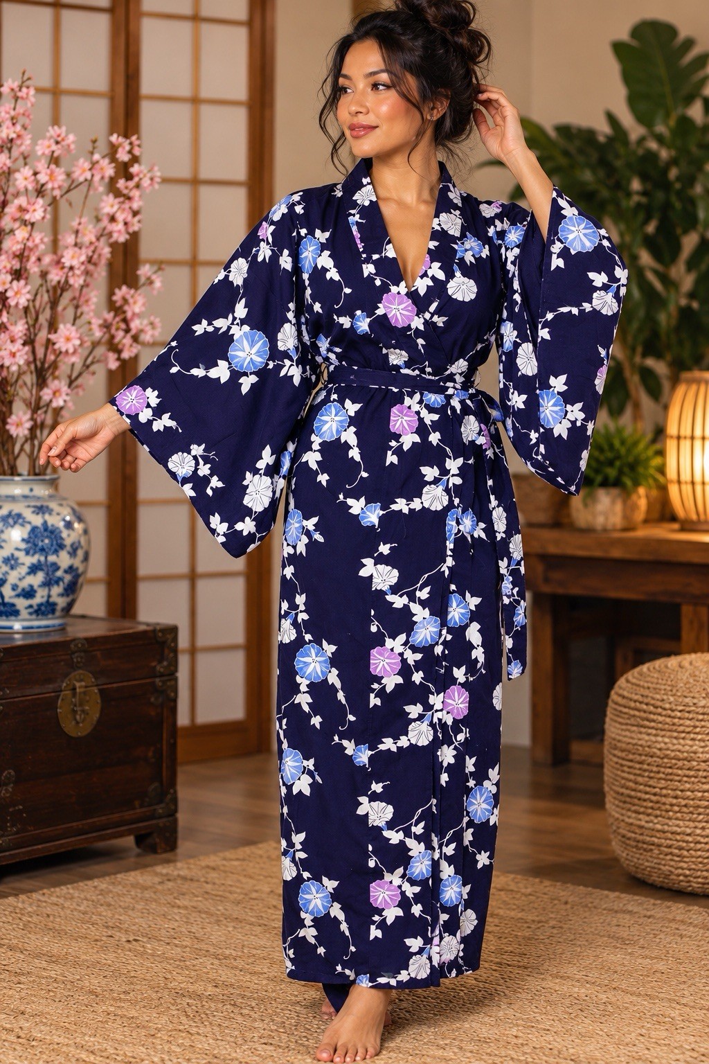A9 VINTAGE MEDIUM JAPANESE YUKATA COTTON FLORAL KIMONO ROBE W/ MATCHING OBI NAVY A9 VINTAGE MEDIUM JAPANESE YUKATA COTTON FLORAL KIMONO ROBE W/ MATCHING OBI NAVY