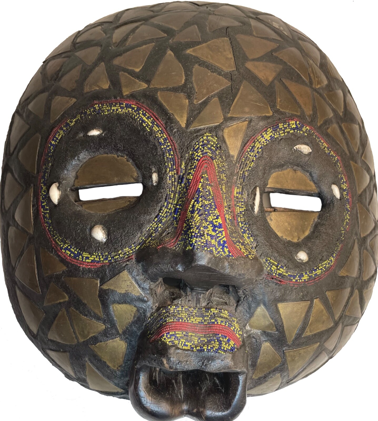 LARGE 14"X 13" VINTAGE GHANA WEST AFRICAN ASHANTI BULUBA MASK BRASS BEADS SHELLS